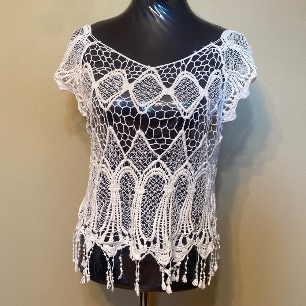 Boho Beach Chic NELLA Fantasia White Crochet Lace Fringe Top Festival Summer